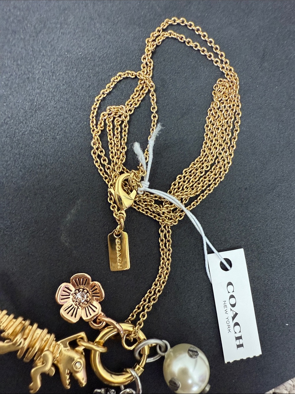 Rare COACH Rexy Gold-Tone Multi-Charm Necklace with Rexy, Pearl & Floral Charms - Picture 3 of 8